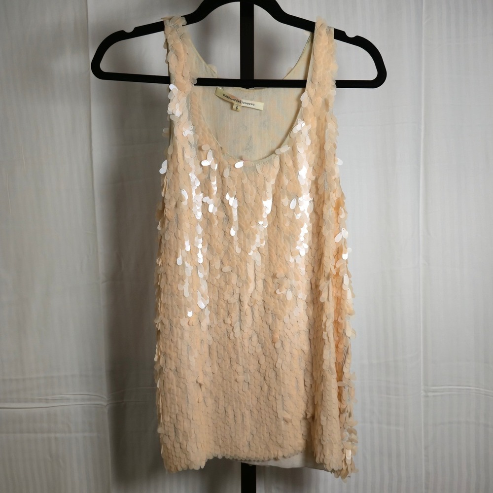 Diane von Furstenberg Sequin Tank Top Buff‎ Sleeveless Party Blouse Size 6 Glam